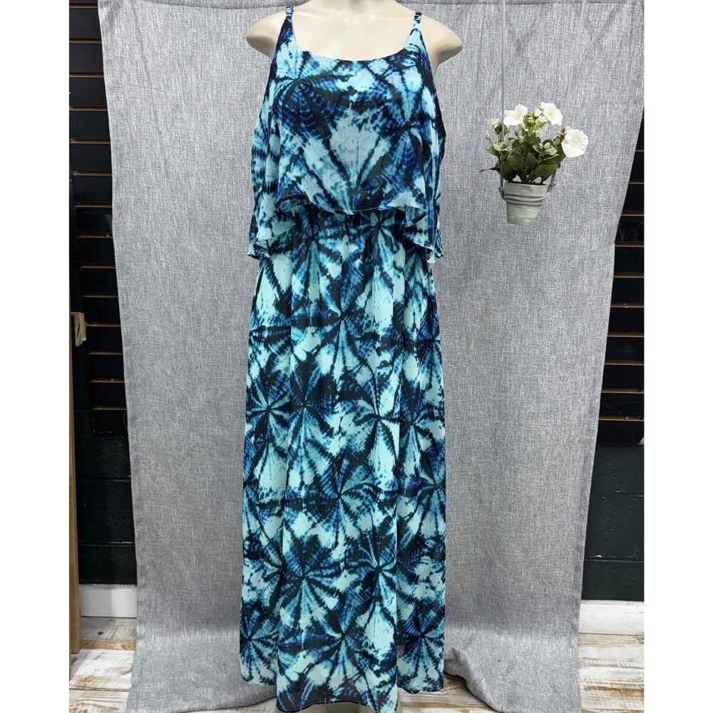 Faded Glory XL Flounce Top Maxi Dress Blue Black Tropical 16-18 Tie Dye Boho - Picture 2 of 9